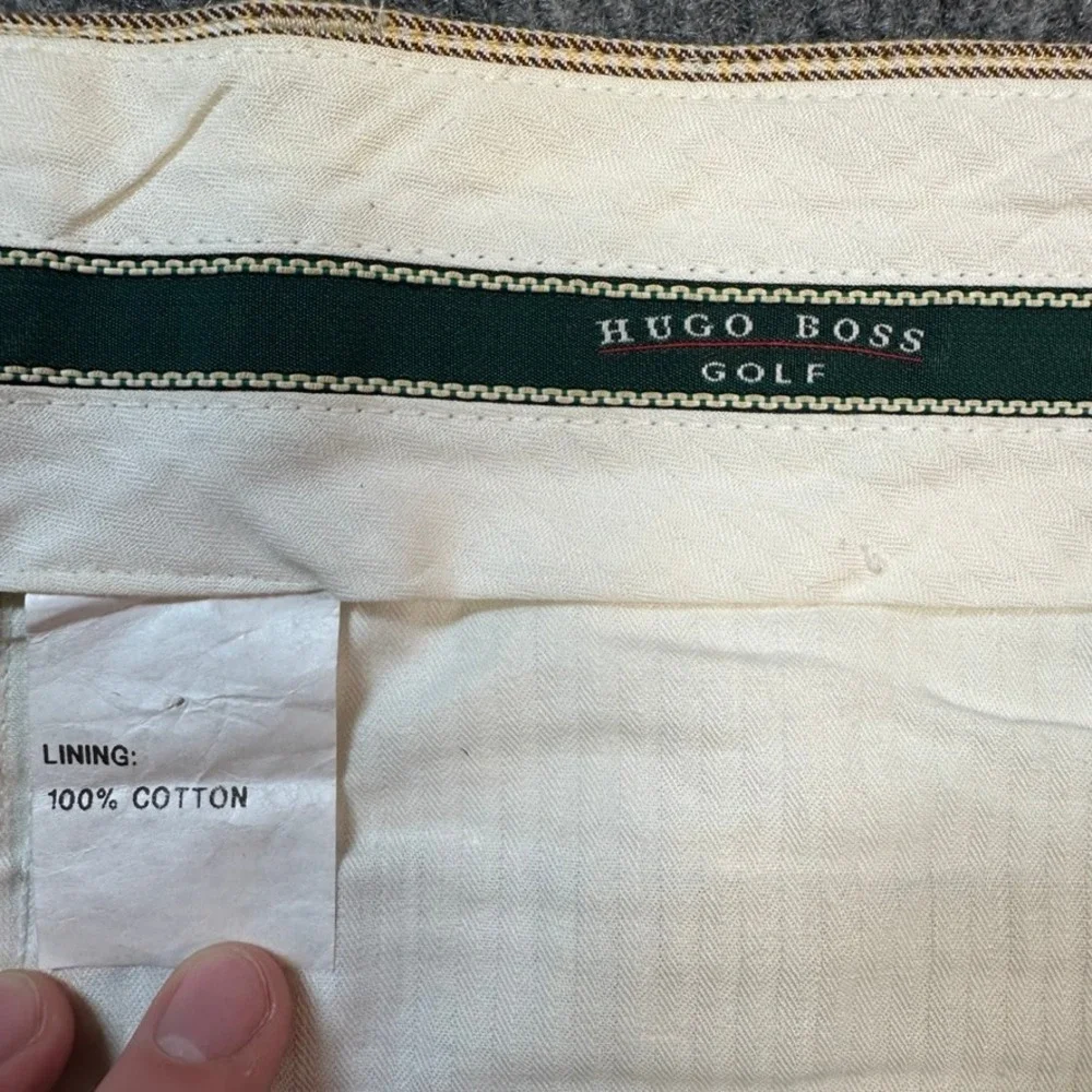 Hugo Boss Golf Player Mens Tan Micro Check Plaid Cotton Pleated Trousers 33x31
